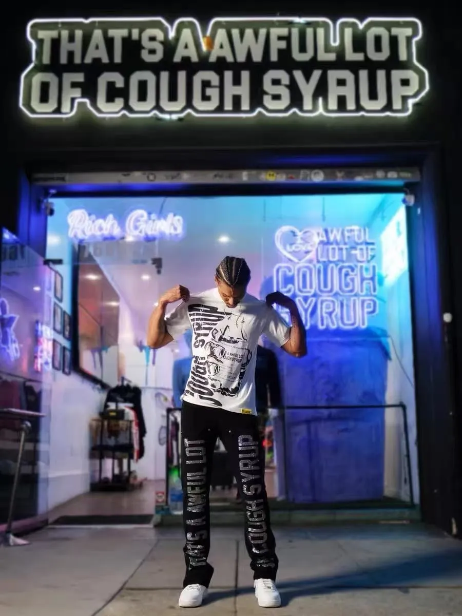 # ｜ THAT'S A AWFUL LOT OF COUGH SYRUP In Stock Real shot American simple trendy brand loose casual T-shirt Fabric (fabric): 32 counts Weight combed double yarn pure cotton Sizes (size): S-M L X L Color (colour): White, Black